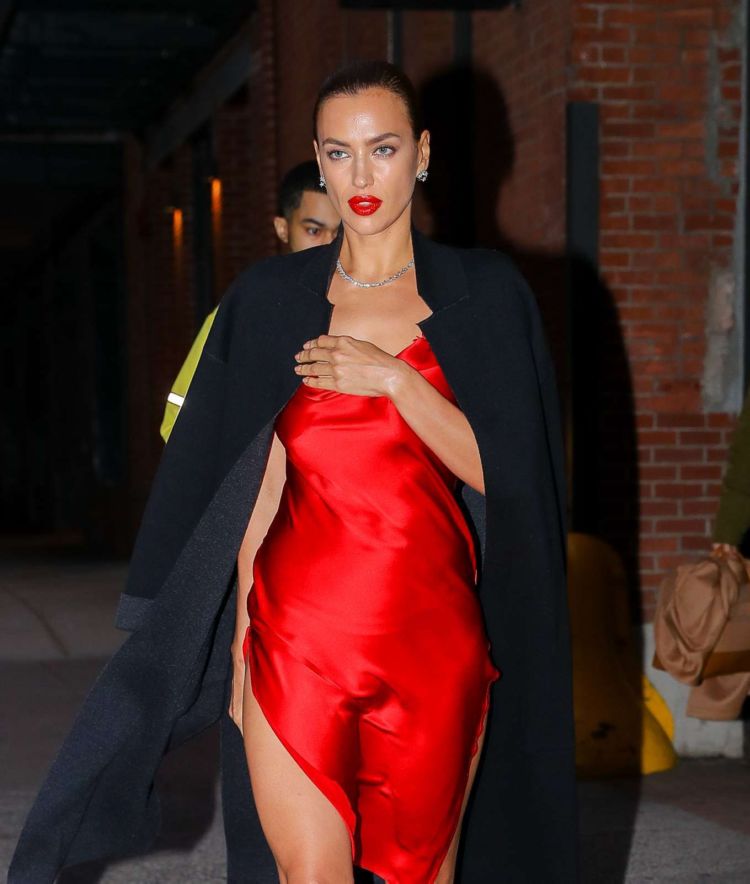 Irina Shayk Candids In A Red Satin Dress Out In New York | GlamGalz.com
