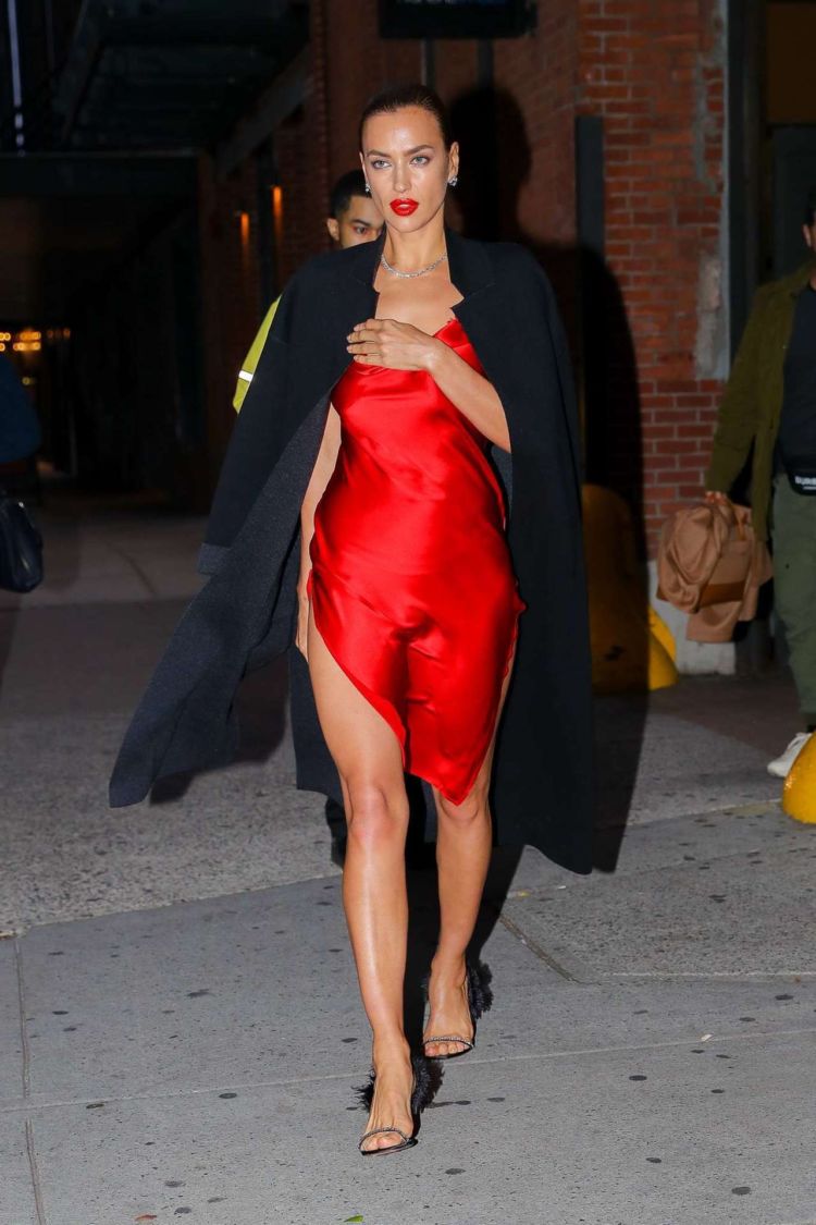 Irina Shayk Candids In A Red Satin Dress Out In New York | GlamGalz.com ...